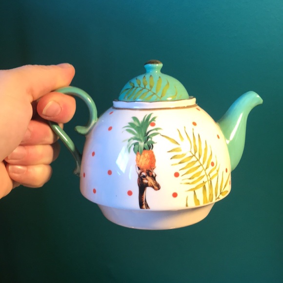 Anthropologie • Teapot & Cup Steamer Set • Porcelain • Hand painted • 🦒🌴🍍 - Picture 6 of 6